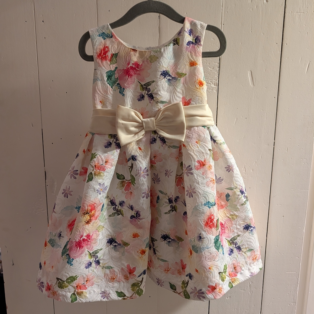 Bonnie Jean Multicolor Floral Formal Dress with Cream Bow
